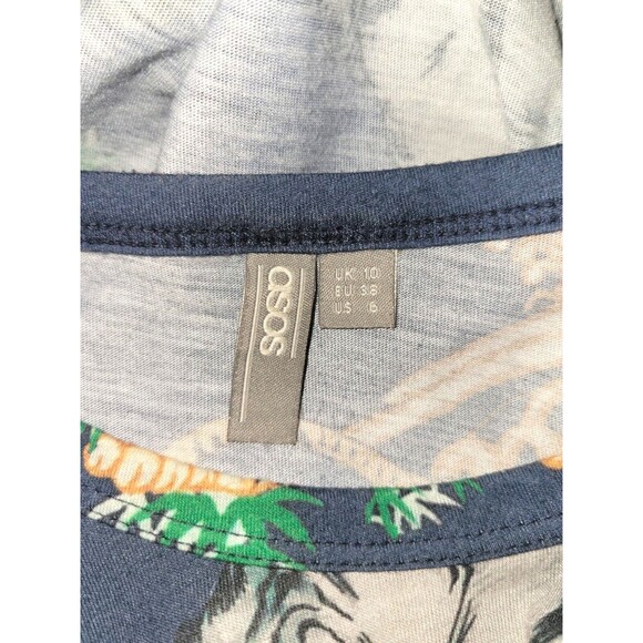 ASOS Tiger Print Open Back Shirt Womens 6 Blue Short Sleeve Double Tie Boho Edgy - Picture 4 of 5